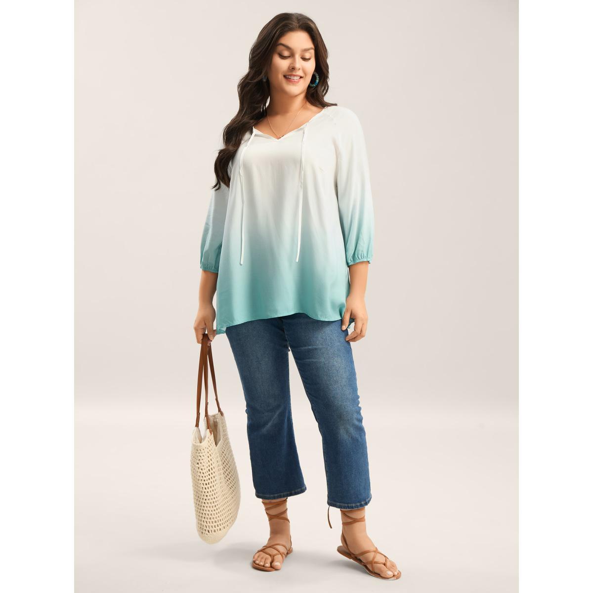 Plus Size Malachitegreen Tie-Dye Rayon Neck Tie Blouse Women Elbow-length sleeve V-neck Vacation Blouses BloomChic 30/6X Product Image