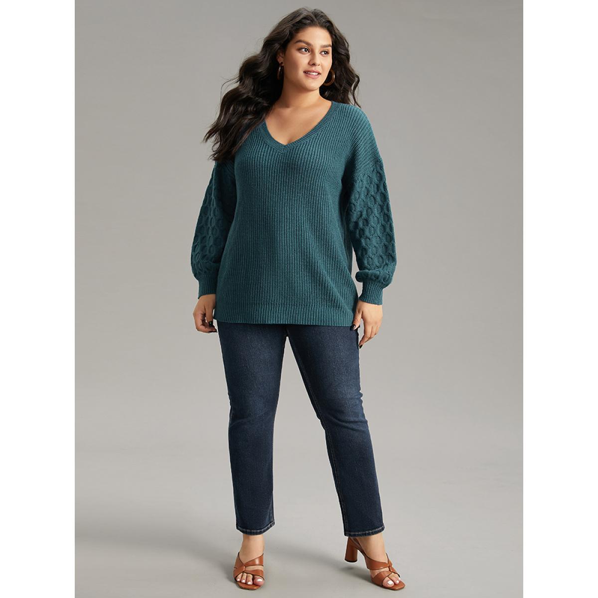 Plus Size Solid Cable Knit V Neck Drop Shoulder Pullover Teal Women Casual Long Sleeve V-neck Everyday Pullovers BloomChic 14-16/1X Product Image