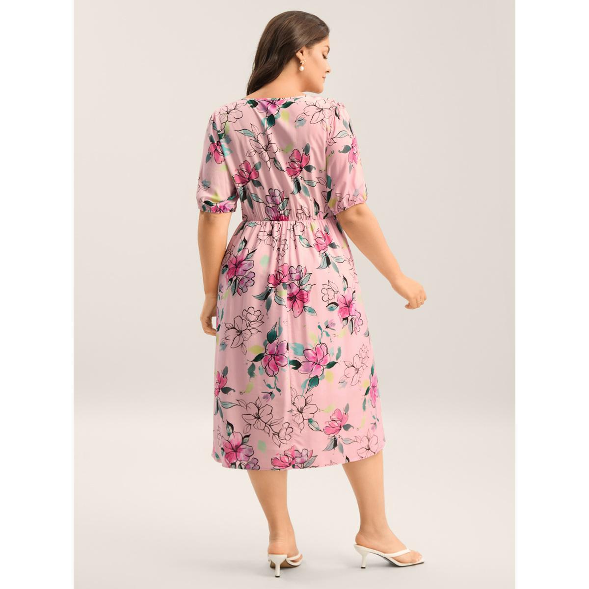 Plus Size Blushing Petals Pockets Cinched-Waist Midi Dress Lightpink Women V-neck Half Sleeve Curvy BloomChic 10/M Product Image