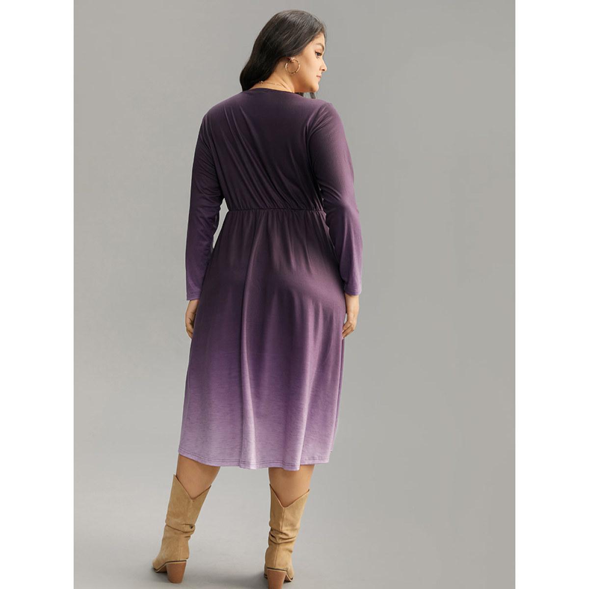 Plus Size Tie Dye Button Detail Pocket Elastic Waist Dress Purple Women Casual Tie Dye V-neck Long Sleeve Curvy Midi Dress BloomChic 14-16/1X Product Image