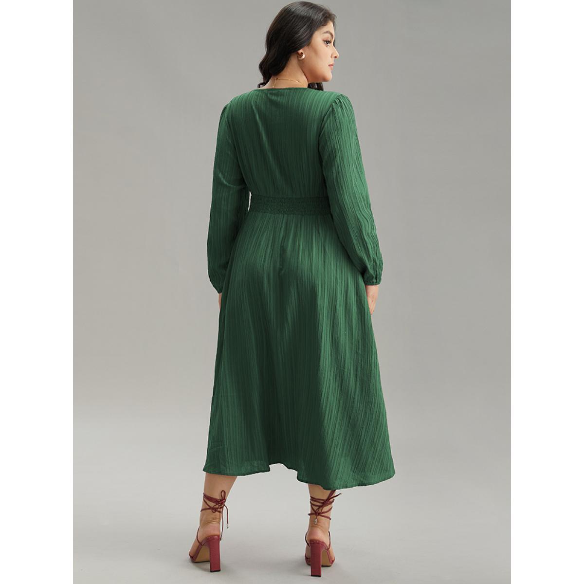 Plus Size Solid Plisse Button Detail Shirred Dress DarkGreen Women Elegant Elastic cuffs V-neck Long Sleeve Curvy Midi Dress BloomChic 28/5X Product Image