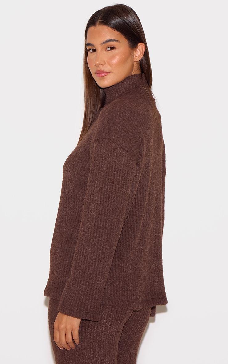 Chocolate Textured Soft Rib Half Zip High Neck Oversized Long Top Product Image