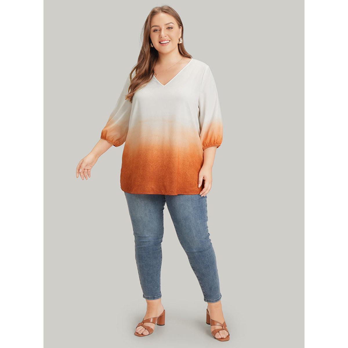 Plus Size Orange Ombre Printed Lantern Sleeve Blouse Women Vacation Elbow-length sleeve V-neck Dailywear Blouses BloomChic 10/M Product Image