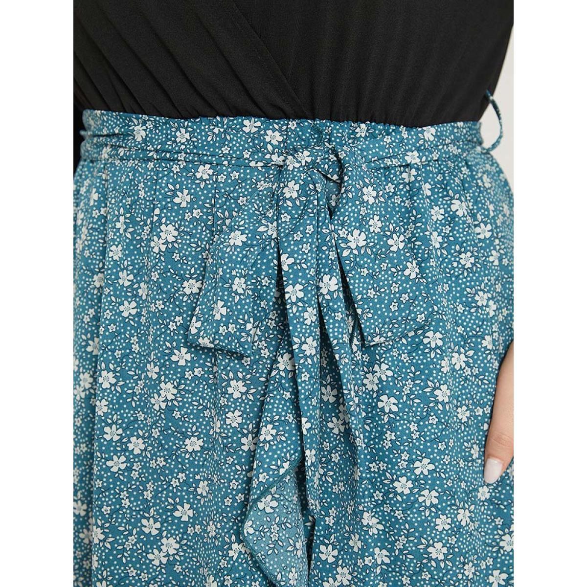 Plus Size Ditsy Floral Pocket Patchwork Belted Wrap Ruffle Dress Cerulean Women Office Plain V-neck Half Sleeve Curvy Knee Dress BloomChic 28/5X Product Image