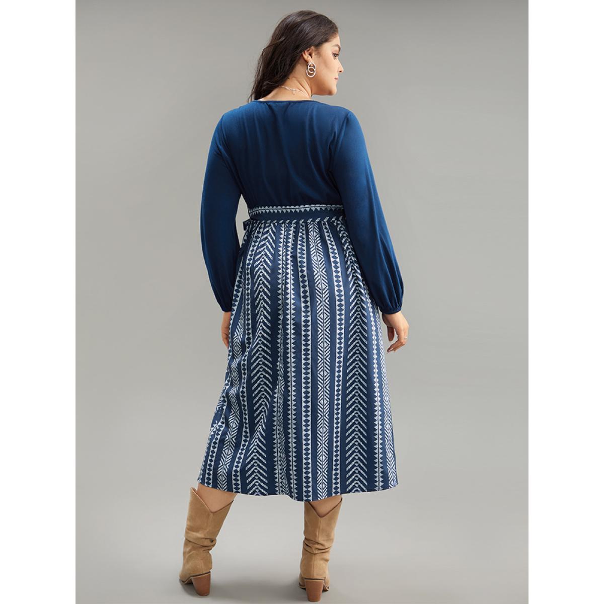 Plus Size Bandana Striped Patchwork Pocket Belted Dress Indigo Women Vacation Belted Round Neck Long Sleeve Curvy Midi Dress BloomChic 12/L Product Image
