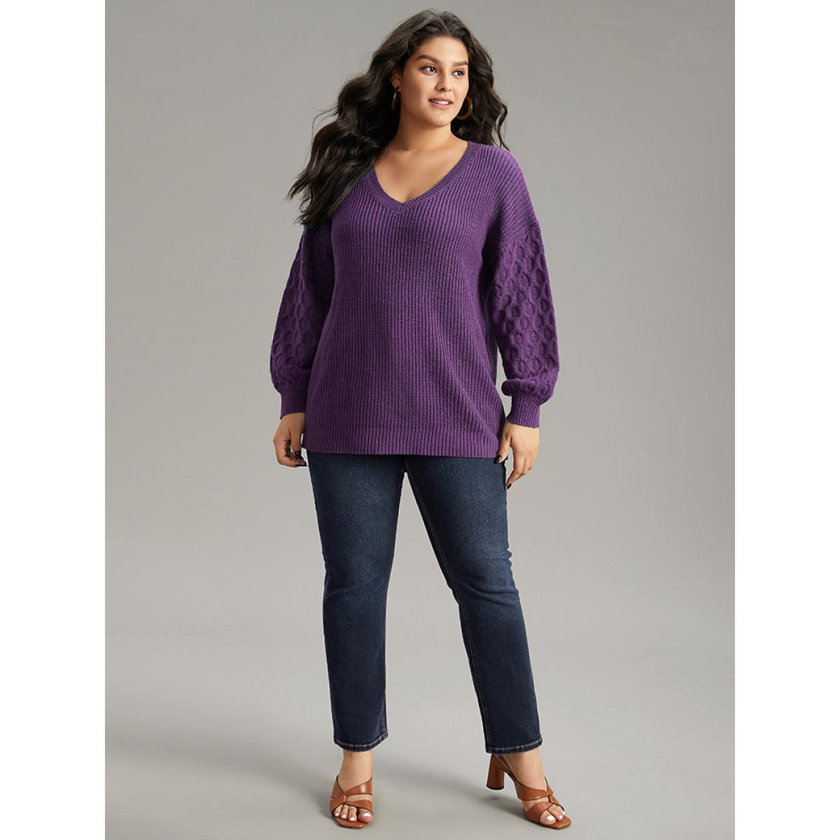Plus Size Solid Cable Knit V Neck Drop Shoulder Pullover Purple Women Casual Long Sleeve V-neck Everyday Pullovers BloomChic 14-16/1X Product Image