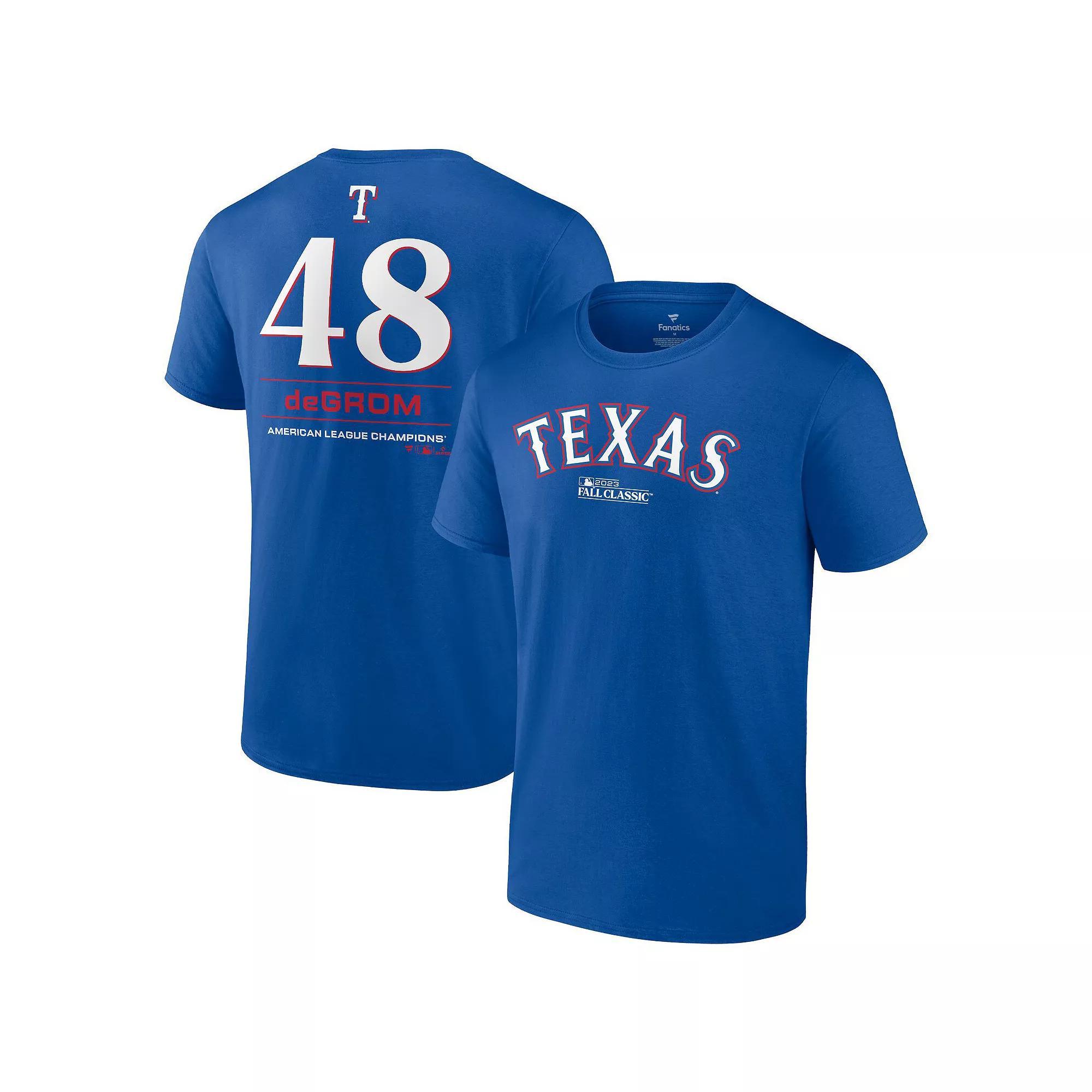 Men's Fanatics Branded Jacob deGrom Royal Texas Rangers 2023 American League Champions Player Name & Number T-Shirt, Size: XL, Blue Product Image