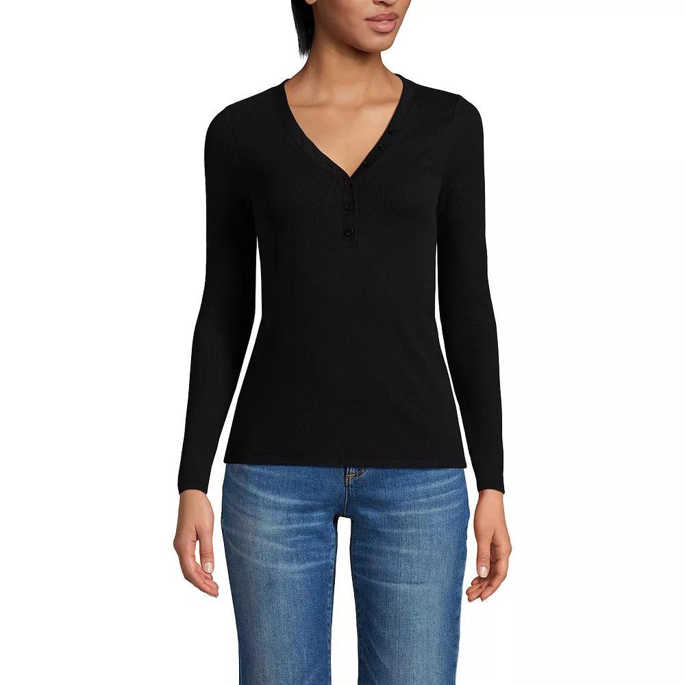 Petite Lands' End Long Sleeve Ribbed Henley, Women's, Size: XS Petite, Black Product Image