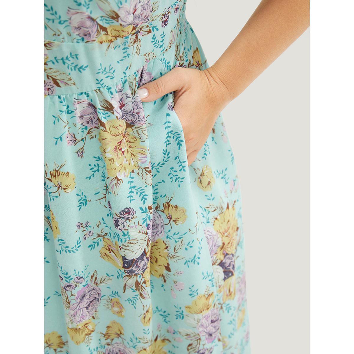 Plus Size Floral Lace Trim Keyhole Neck Pocket Puff Sleeve Dress Turquoise Women Elegant Patchwork Mock Neck Short sleeve Curvy Midi Dress BloomChic 30/6X Product Image