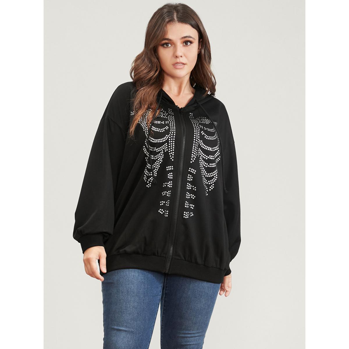 Plus Size Halloween Skeleton Print Zip Up Drawstring Hooded Sweatshirt Women Black Casual Printed Hooded Dailywear Sweatshirts BloomChic 30/6X Product Image