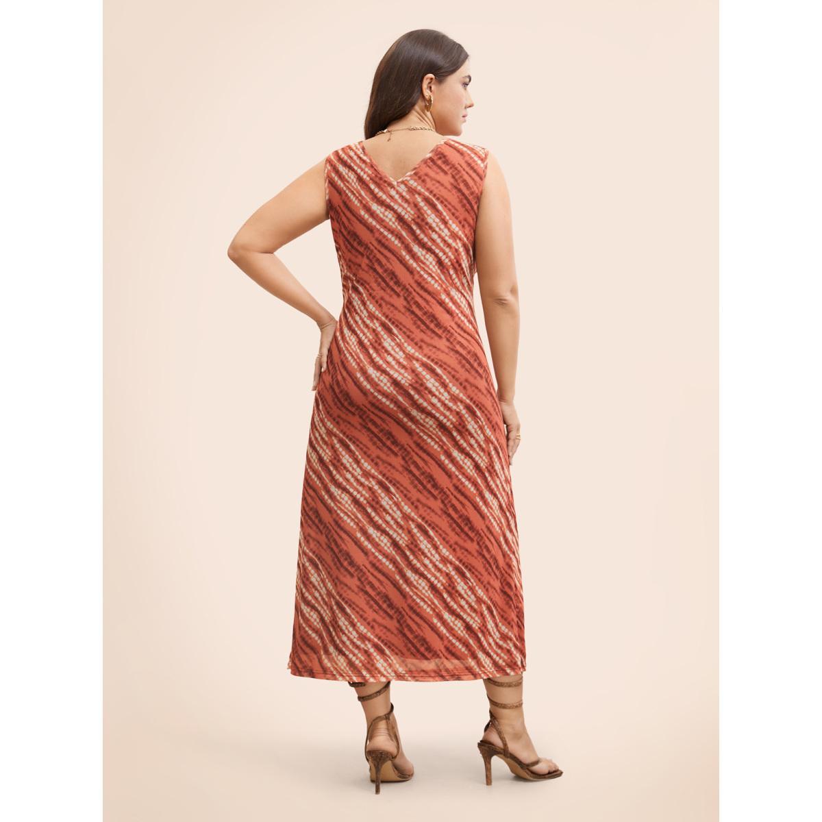 Plus Size V Neck Striped Contrast Tank Dress Yellowishbrown Women Elegant V-neck Sleeveless Curvy BloomChic 10/M Product Image
