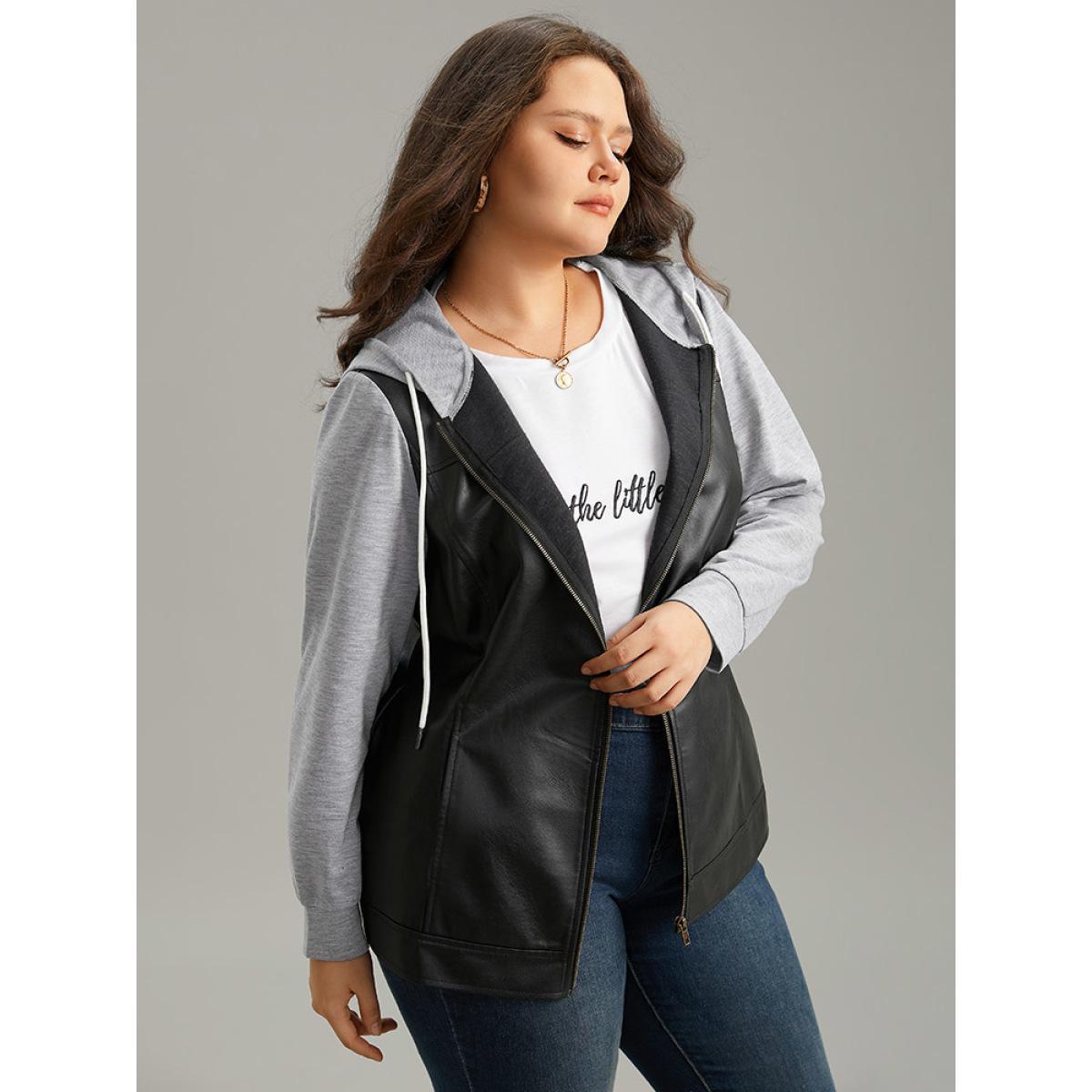 Plus Size PU Leather Zipper Hooded Drawstring Jacket Women Black Contrast Pocket Everyday Jackets BloomChic 28/5X Product Image