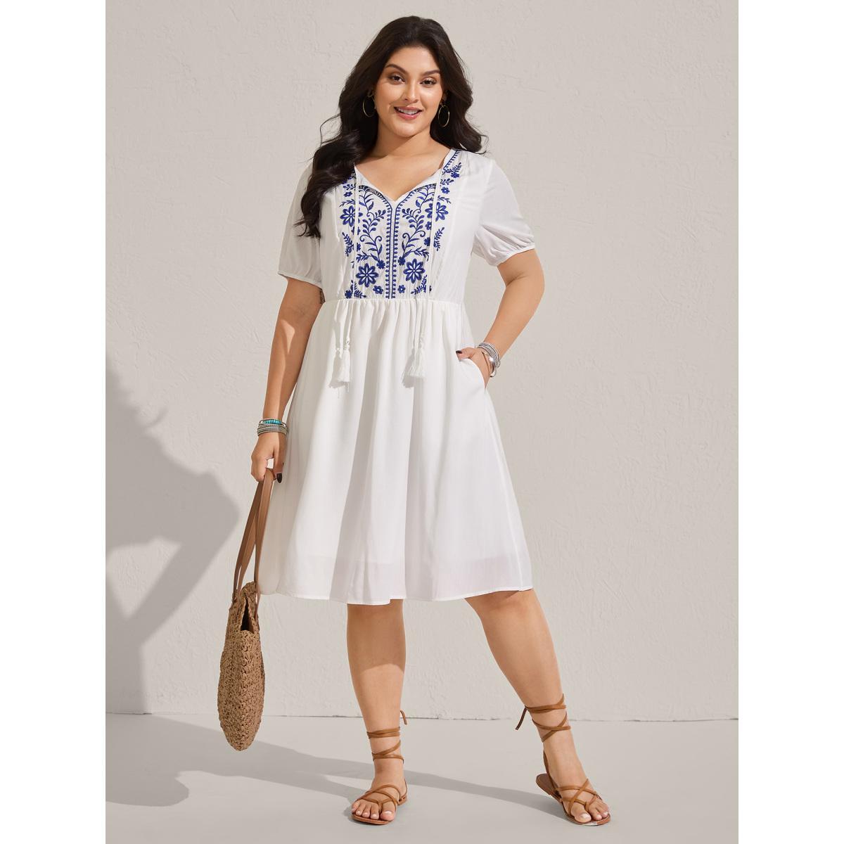 Plus Size Floral Embroidery Pockets Tassels Midi Dress Ivory Women Notched collar Short sleeve Curvy BloomChic 22-24/3X Product Image