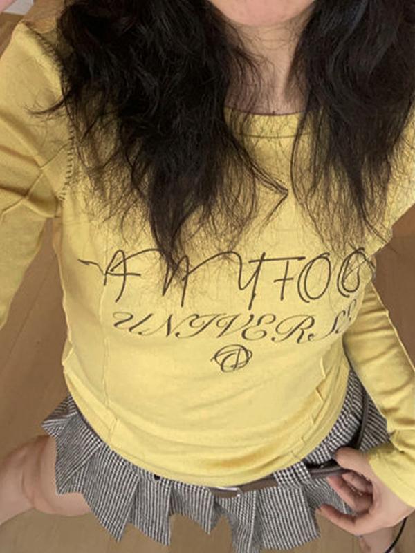 Letter Print Splice Slim Long Sleeve Tee Product Image