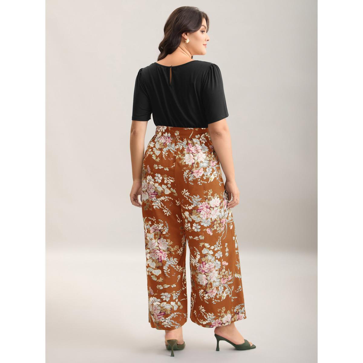 Plus Size Rust Color Contrast Belted Panel Pockets Jumpsuit Women Elegant Short sleeve Square Neck Everyday-Elegant Loose Jumpsuits BloomChic 10/M Product Image