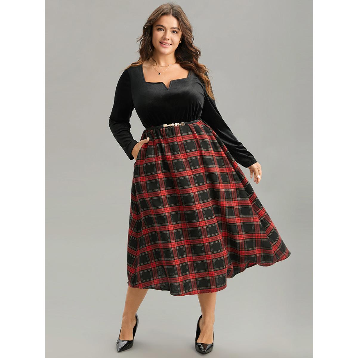 Plus Size Christmas Plaid Velvet Belted Contrast Notched Dress Black Women At the Office Velvet Notched collar Long Sleeve Curvy Midi Dress BloomChic 18-20/2X Product Image
