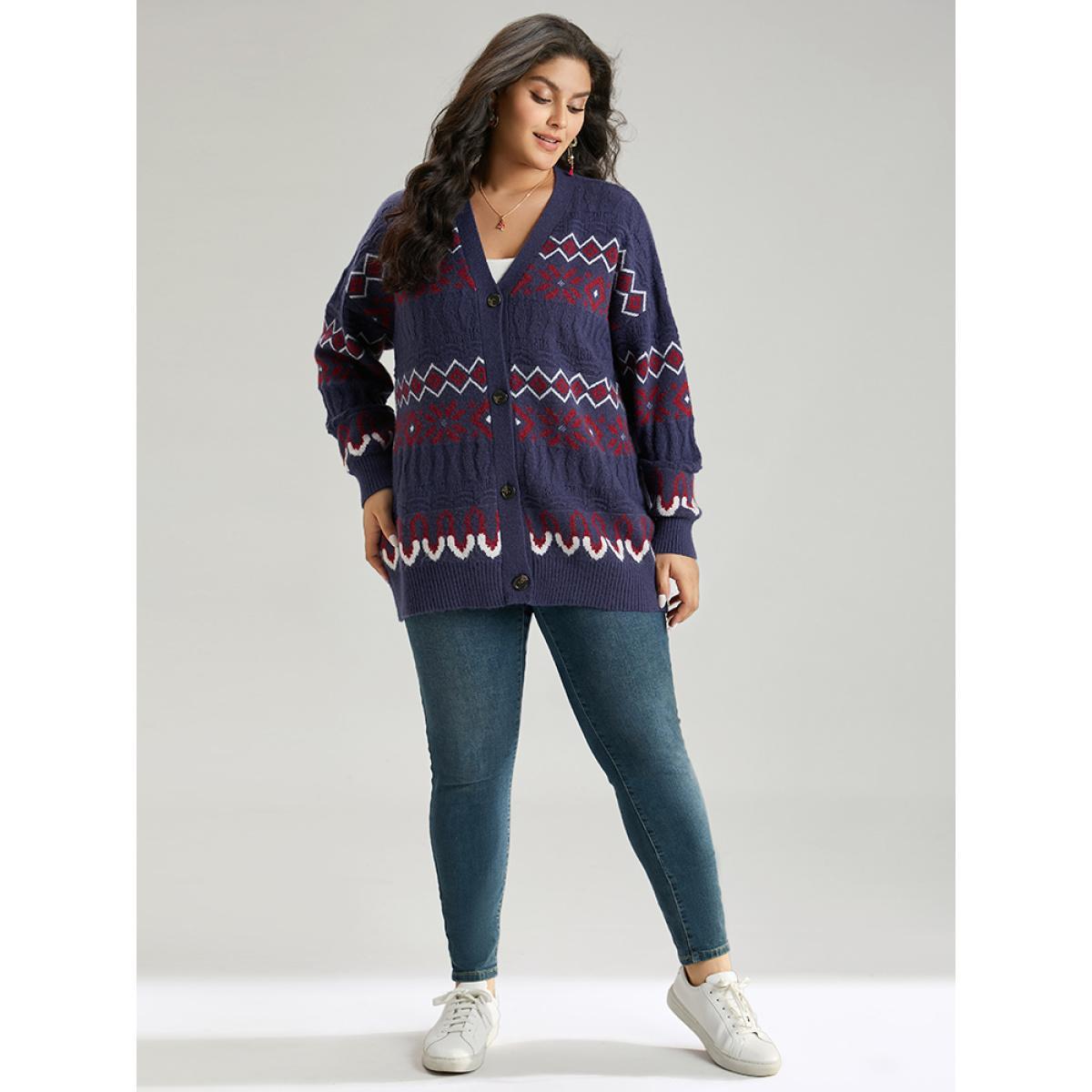 Plus Size Geometric Graphic Contrast Elastic Cuffs Button Up Cardigan Multicolor Women Casual Loose Long Sleeve Festival-Christmas Cardigans BloomChic 26/4X Product Image