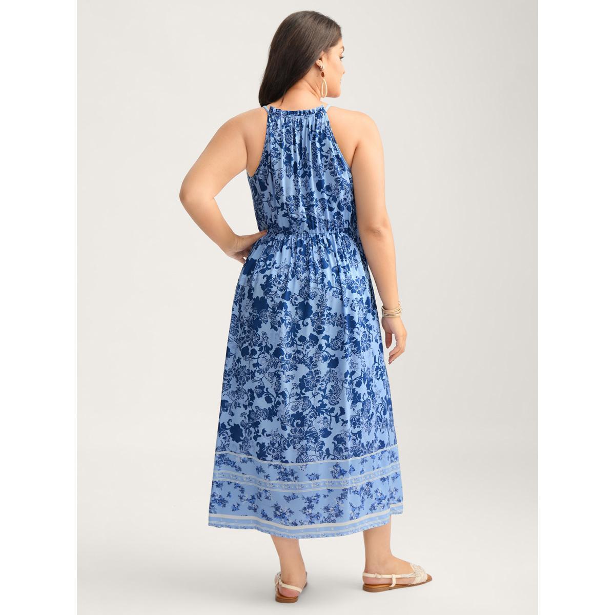 Plus Size Rayon Braided Shoulder Straps Floral Midi Dress Stone Women Round Neck Sleeveless Curvy BloomChic 14-16/1X Product Image