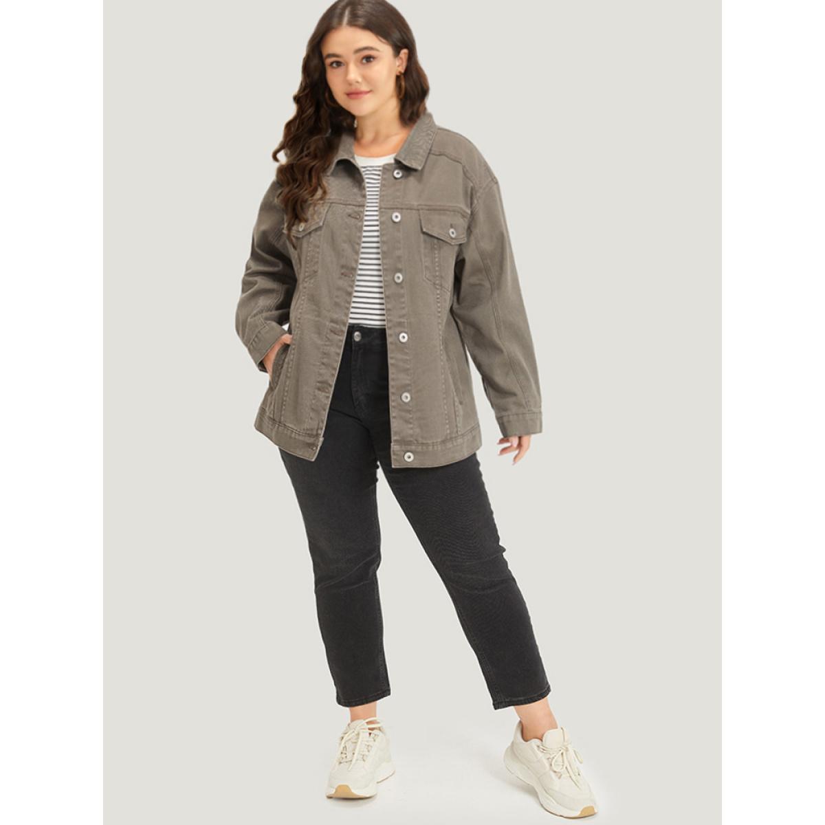 Women Solid Denim Button Fly Flap Pocket Light Wash Jacket LightBrown Plus Size Plain Button Everyday Pocket Casual Denim Jackets BloomChic 22-24/3X Product Image
