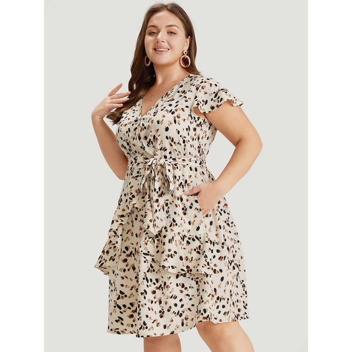 Plus Size Allover Print Belted Ruffles Asymmetrical Layered Hem Dress Apricot Women Elegant Gathered V-neck Cap Sleeve Curvy Knee Dress BloomChic 14-16/1X Product Image