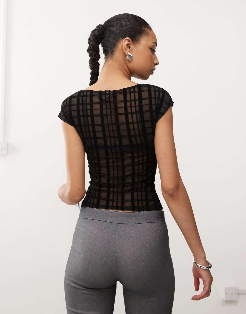 Motel nova flocked plaid fitted T-shirt in black Product Image