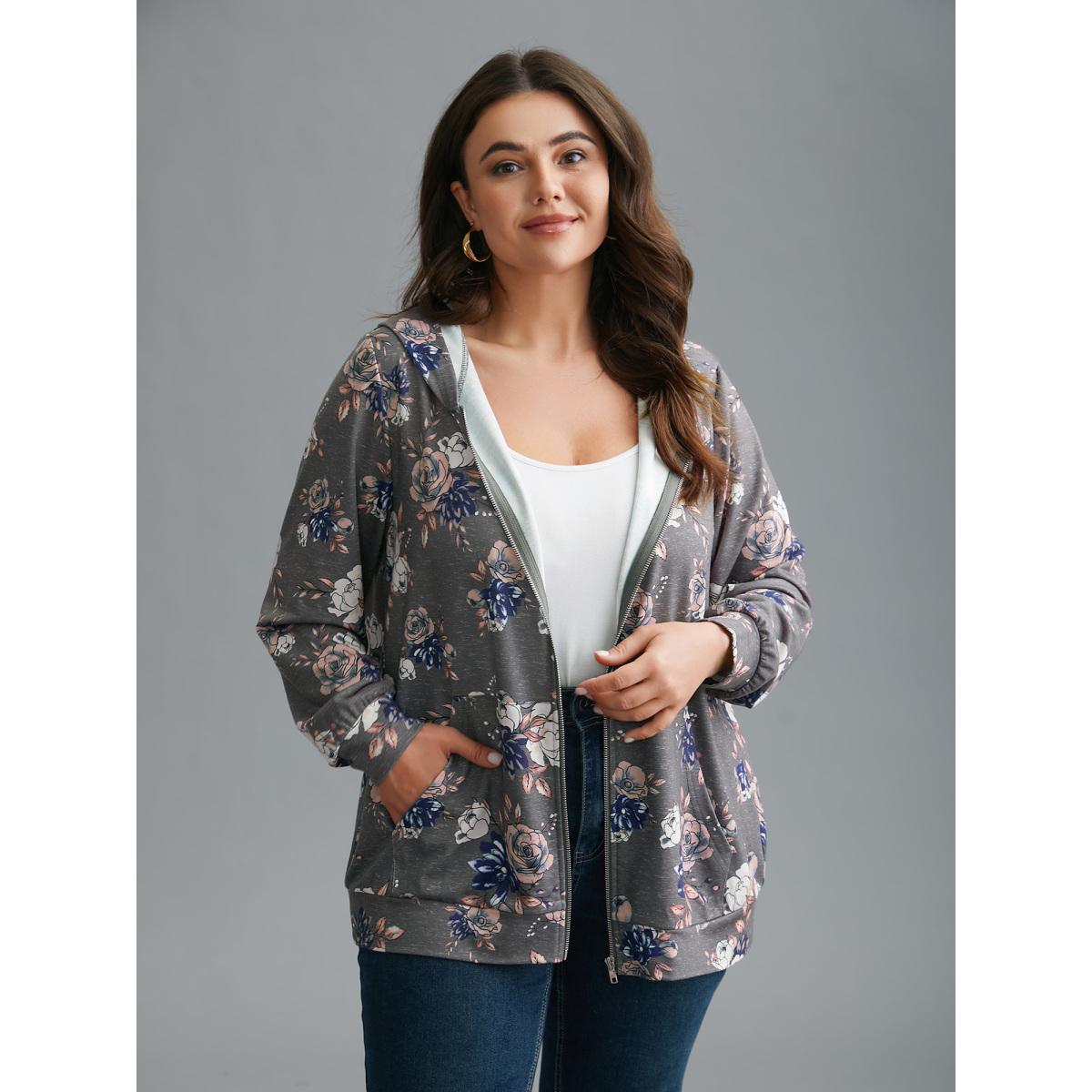 Plus Size Floral Print Zipper Front Hooded Sweatshirt Women DarkGray Casual Contrast Loose Hooded Everyday Sweatshirts BloomChic 14-16/1X Product Image