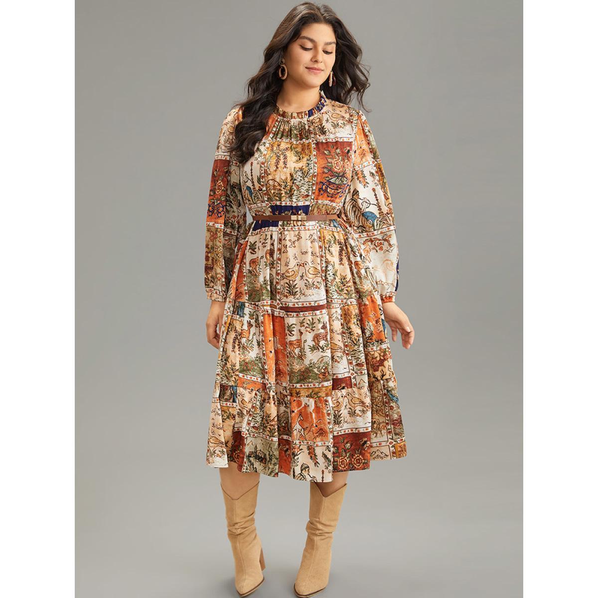Plus Size Boho Print Stand Collar Pleated Lantern Sleeve Dress Chocolate Women Vacation Elastic cuffs Stand-up collar Long Sleeve Curvy Midi Dress BloomChic 28/5X Product Image