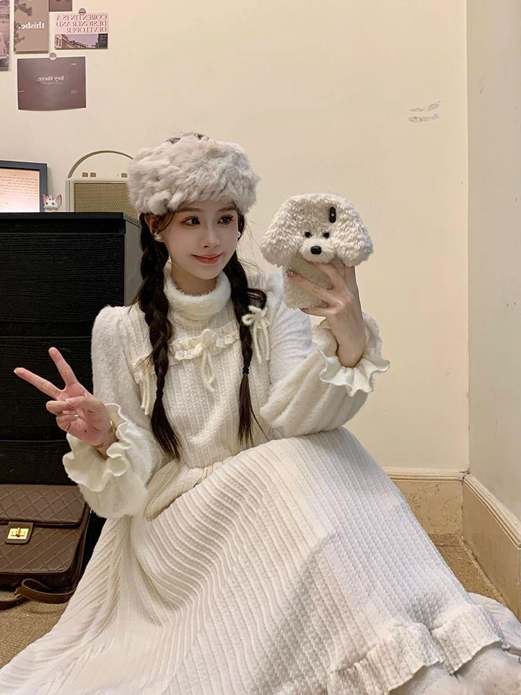 Long-Sleeve Mock Neck Bow Ruffle Trim Knit Panel Midi A-Line Dress Product Image