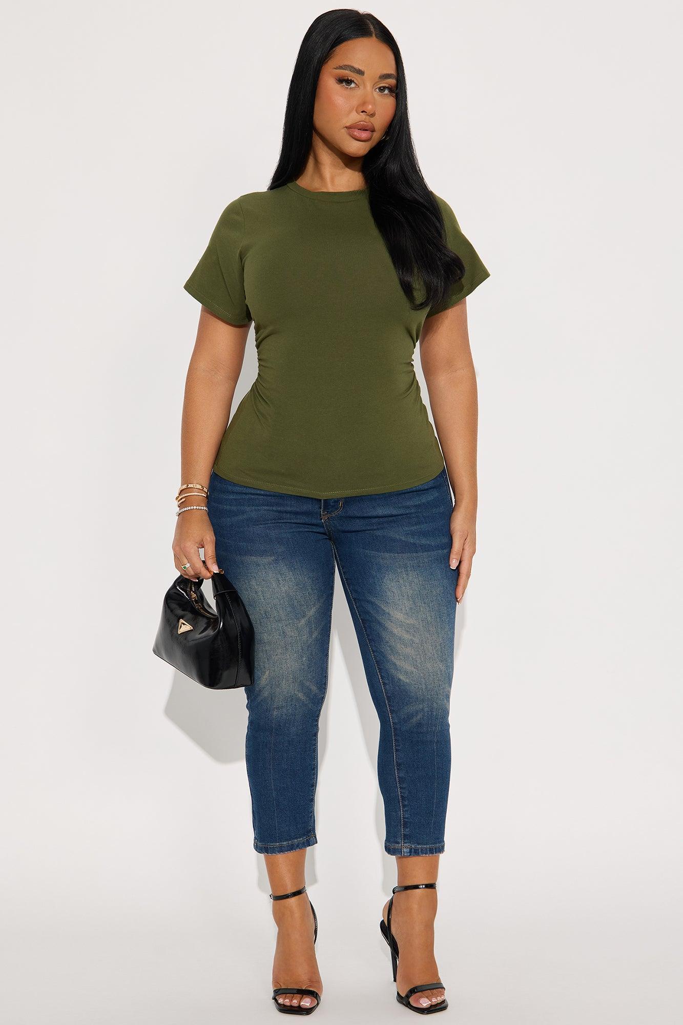 Simply Me Ruched Short Sleeve T-Shirt - Olive Product Image