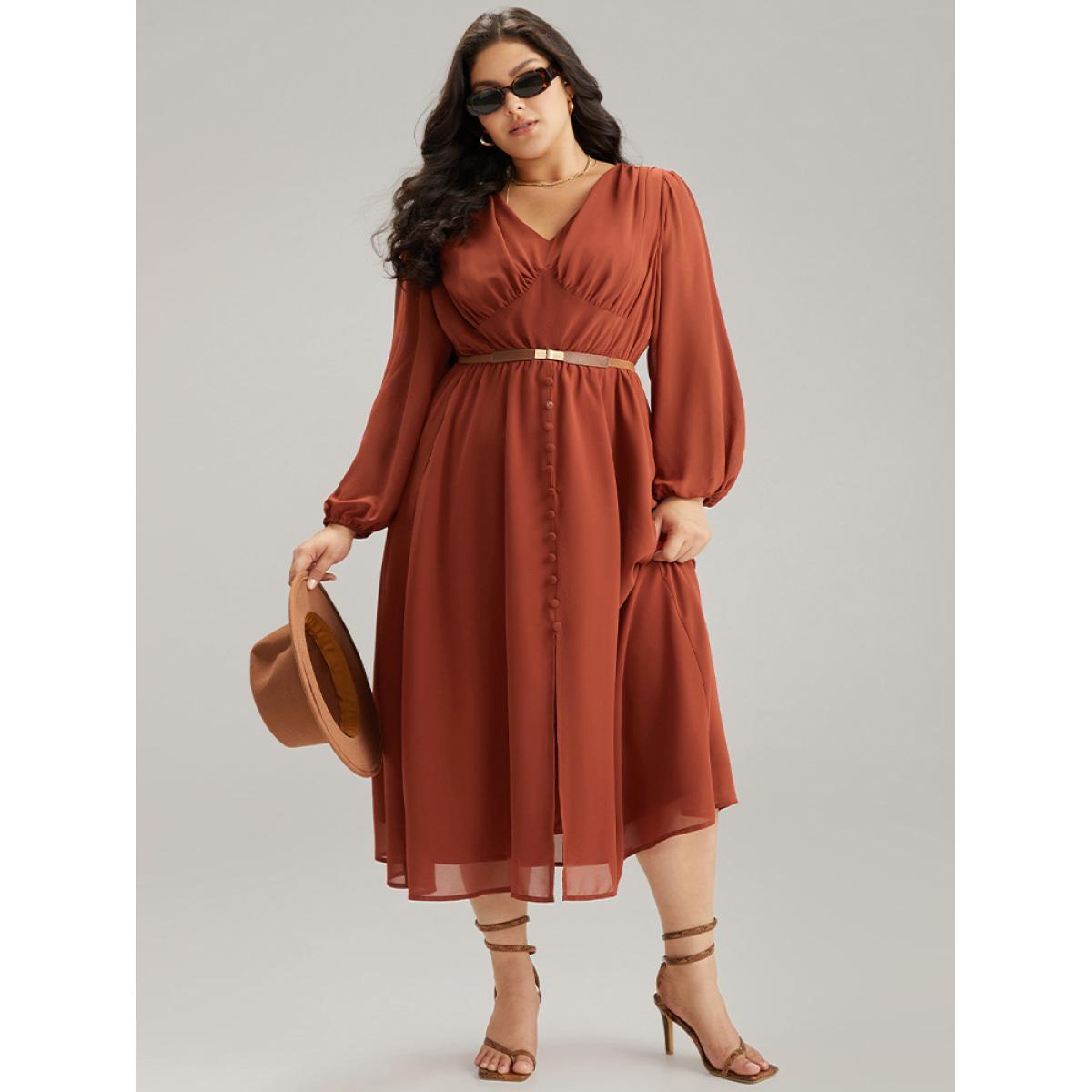 Plus Size Chiffon Plain Split Hem Button Detail Dress Rust Women Elegant Elastic cuffs V-neck Long Sleeve Curvy Midi Dress BloomChic 12/L Product Image