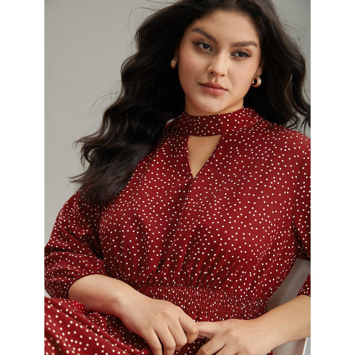 Plus Size Polka Dot Keyhole Pocket Mock Neck Dress Scarlet Women Elegant Elastic cuffs Mock Neck Elbow-length sleeve Curvy Midi Dress BloomChic 12/L Product Image