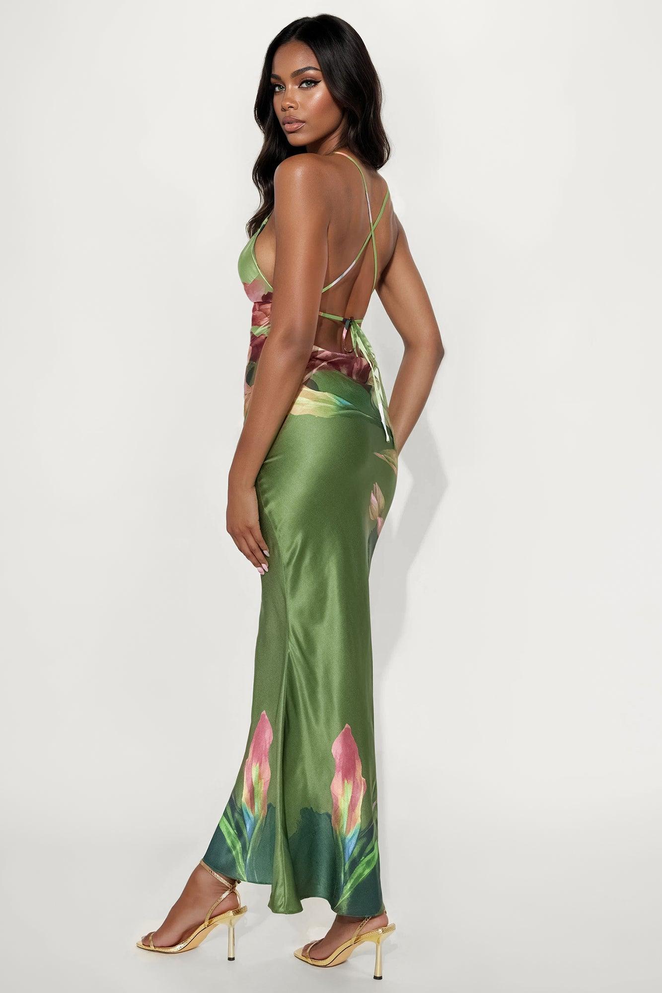 Jayla Backless Satin Maxi Dress - Green/combo Product Image