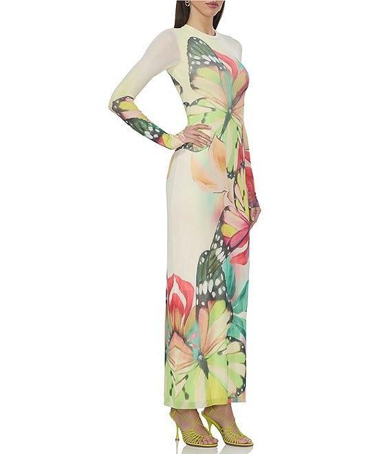 AFRM Didi Butterfly Printed Crewneck Longsleeve Ankle Mesh Maxi Dress Product Image