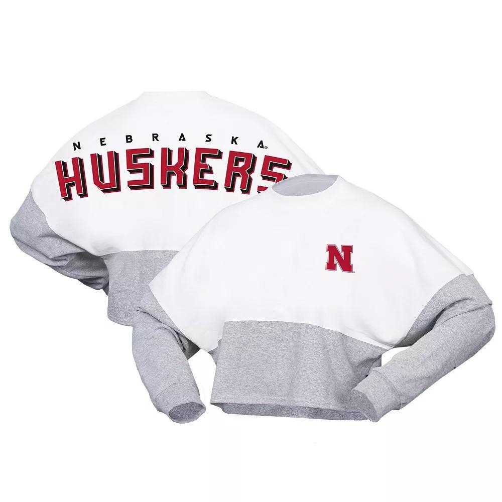 Women's Spirit Jersey  White Nebraska Huskers Heather Block Cropped Long Sleeve Jersey T-Shirt, Size: XS Product Image