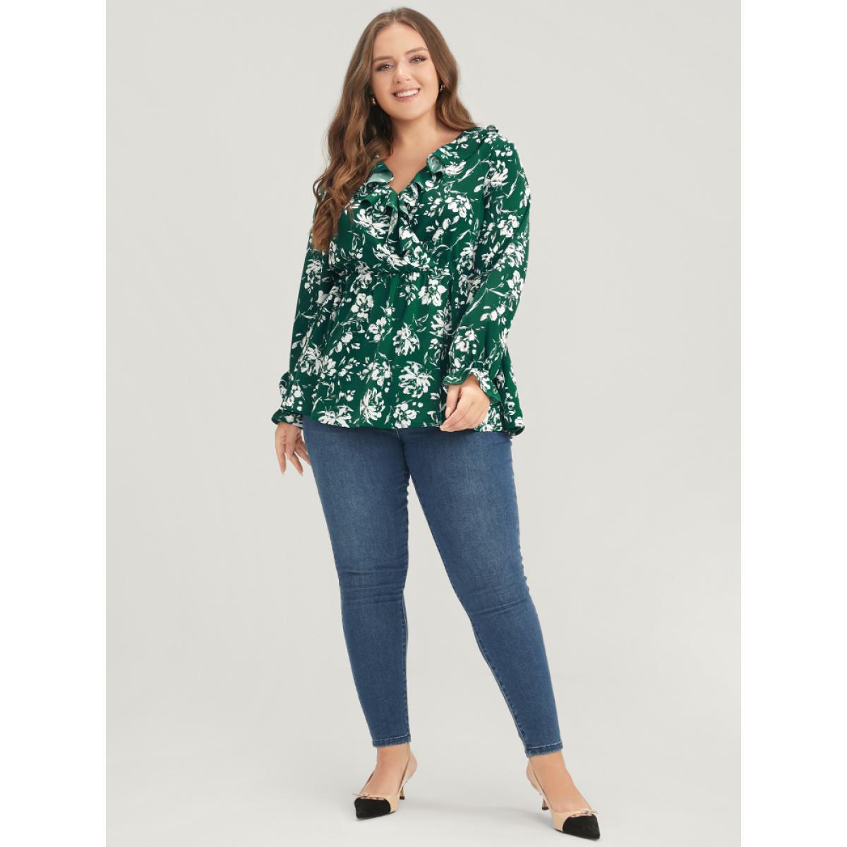 Plus Size DarkGreen Floral Ruffles Trim Lantern Sleeve Blouse Women Casual Long Sleeve V-neck Dailywear Blouses BloomChic 18-20/2X Product Image