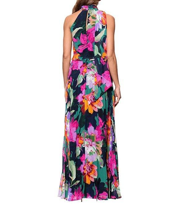 Xscape Pleated Chiffon Floral Print Halter Neck Scarf Sleeveless Blouson Maxi Dress Product Image