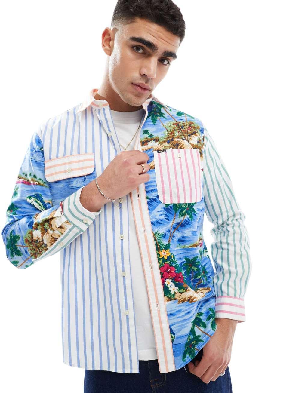 Polo Ralph Lauren tropical patchwork print oxford shirt classic oversized fit in dark blue Product Image