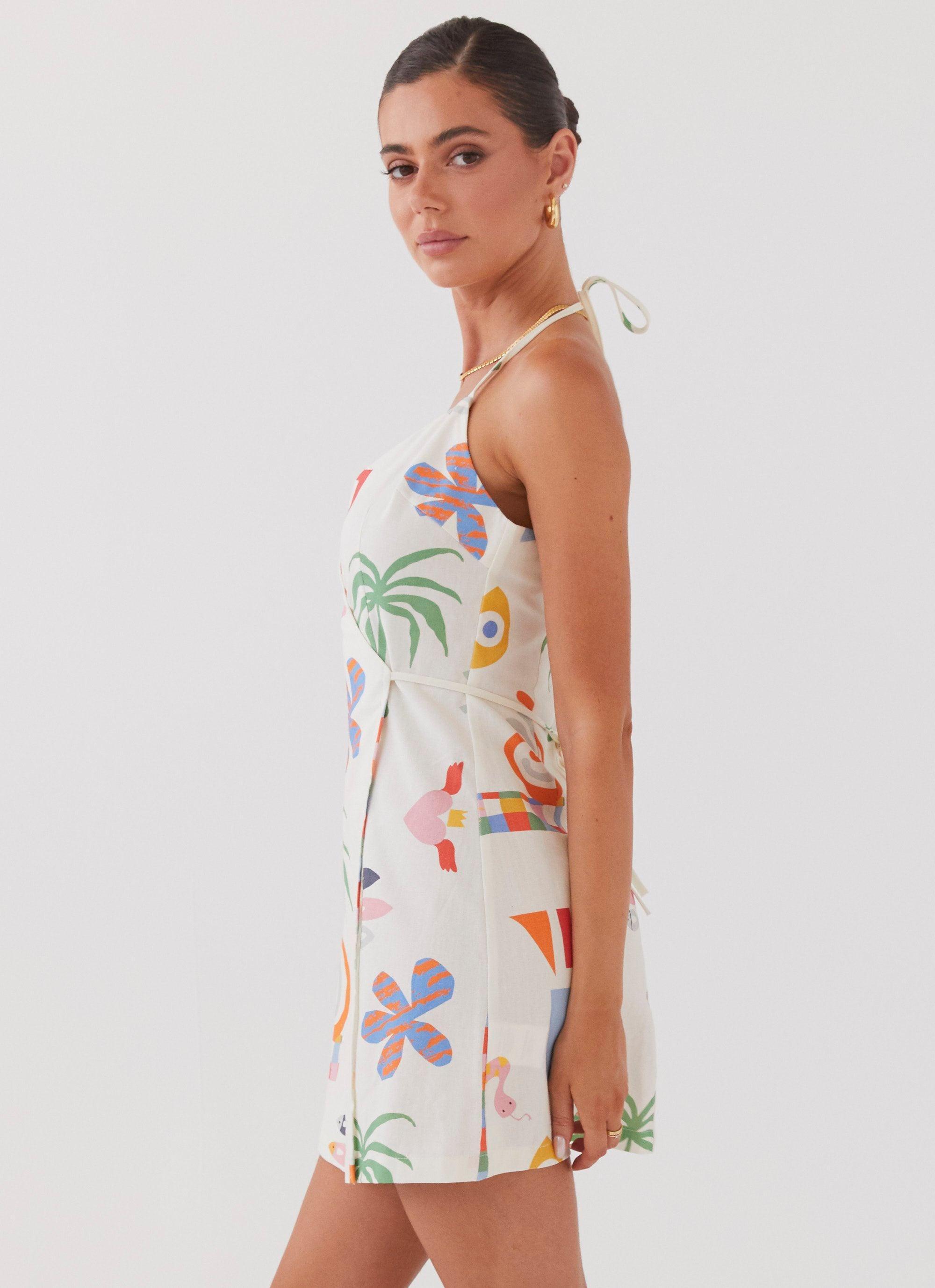 At Last Sunrise Wrap Linen Mini Dress - Summer Palm Product Image