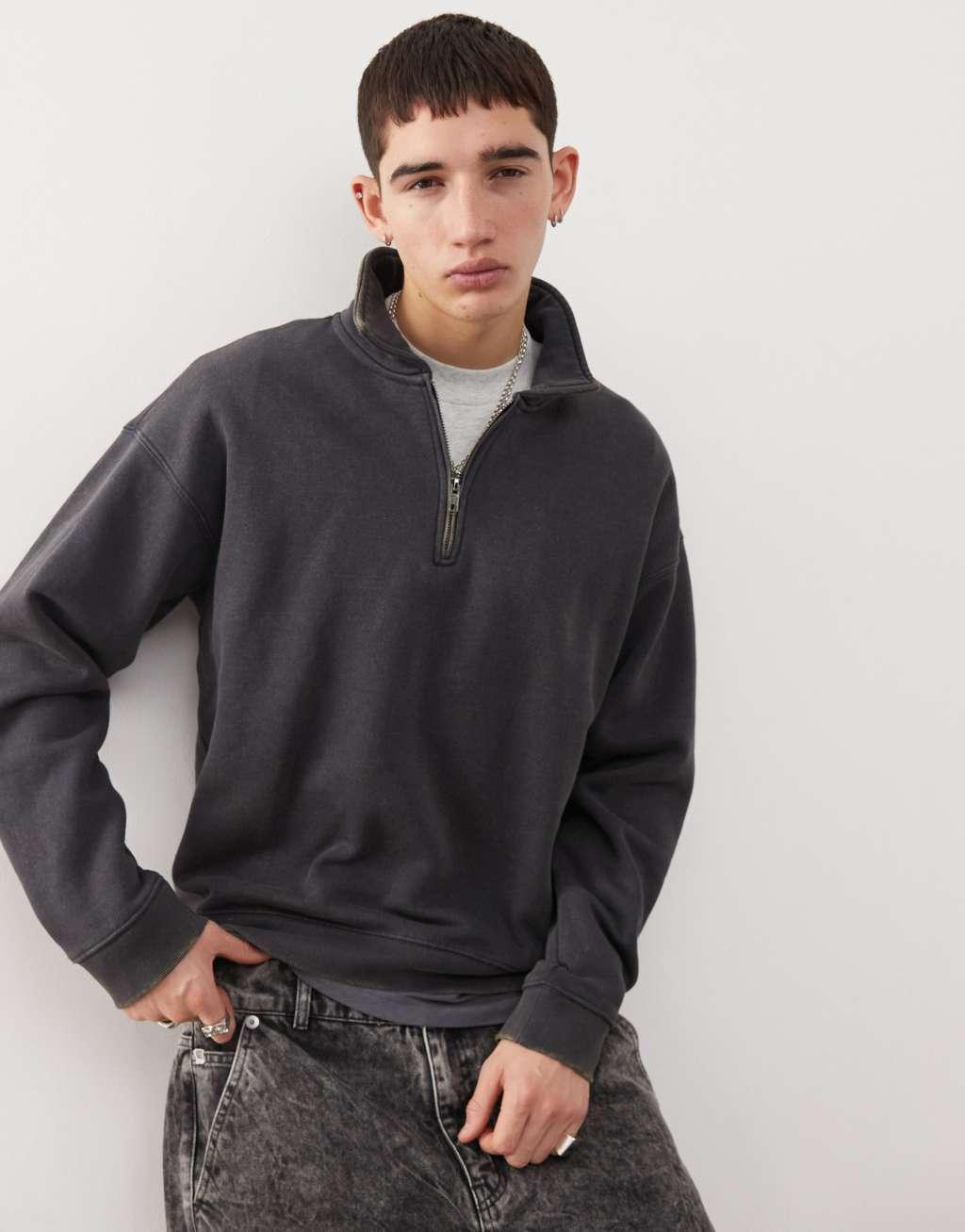Guess Originals washed half zip sweatshirt in black with back embroidery Product Image