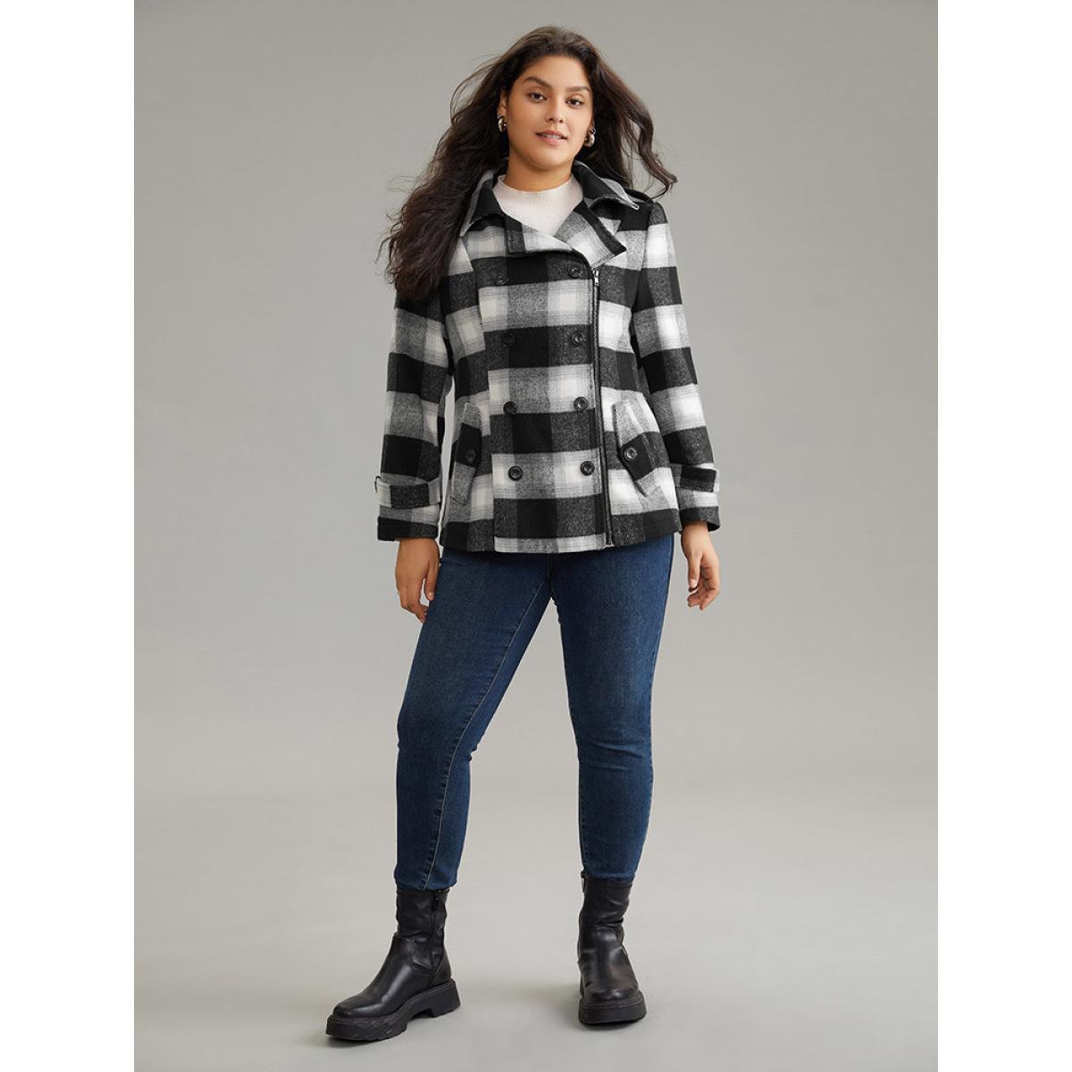 Plus Size Plaid Zipper Fly Double Breasted Detail Coat Women Black Casual Contrast Ladies Dailywear Winter Coats BloomChic 28/5X Product Image