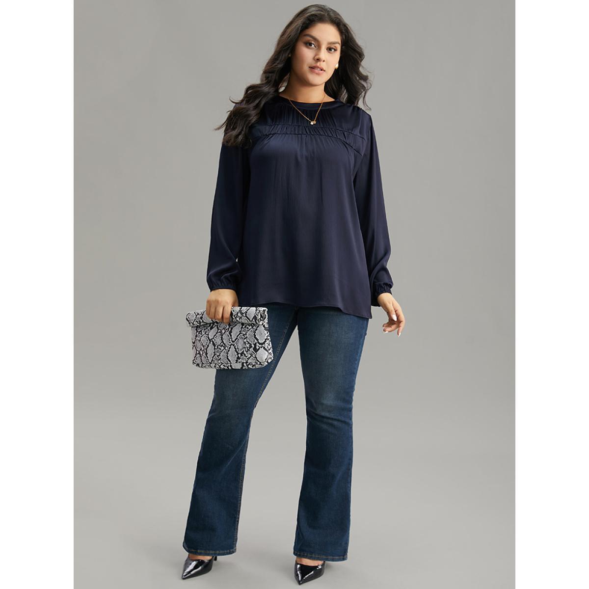 Plus Size Indigo Static-Free Plain Gathered Blouse Women Office Long Sleeve Round Neck Work Blouses BloomChic 22-24/3X Product Image
