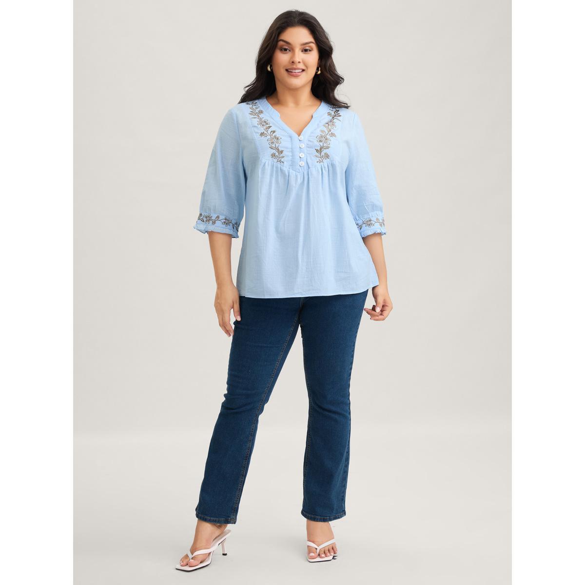 Plus Size LightBlue Cotton Floral Embroidered Notched Collar Frill Trim Blouse Women Casual Elbow-length sleeve Stand-up collar Everyday Blouses BloomChic 22-24/3X Product Image