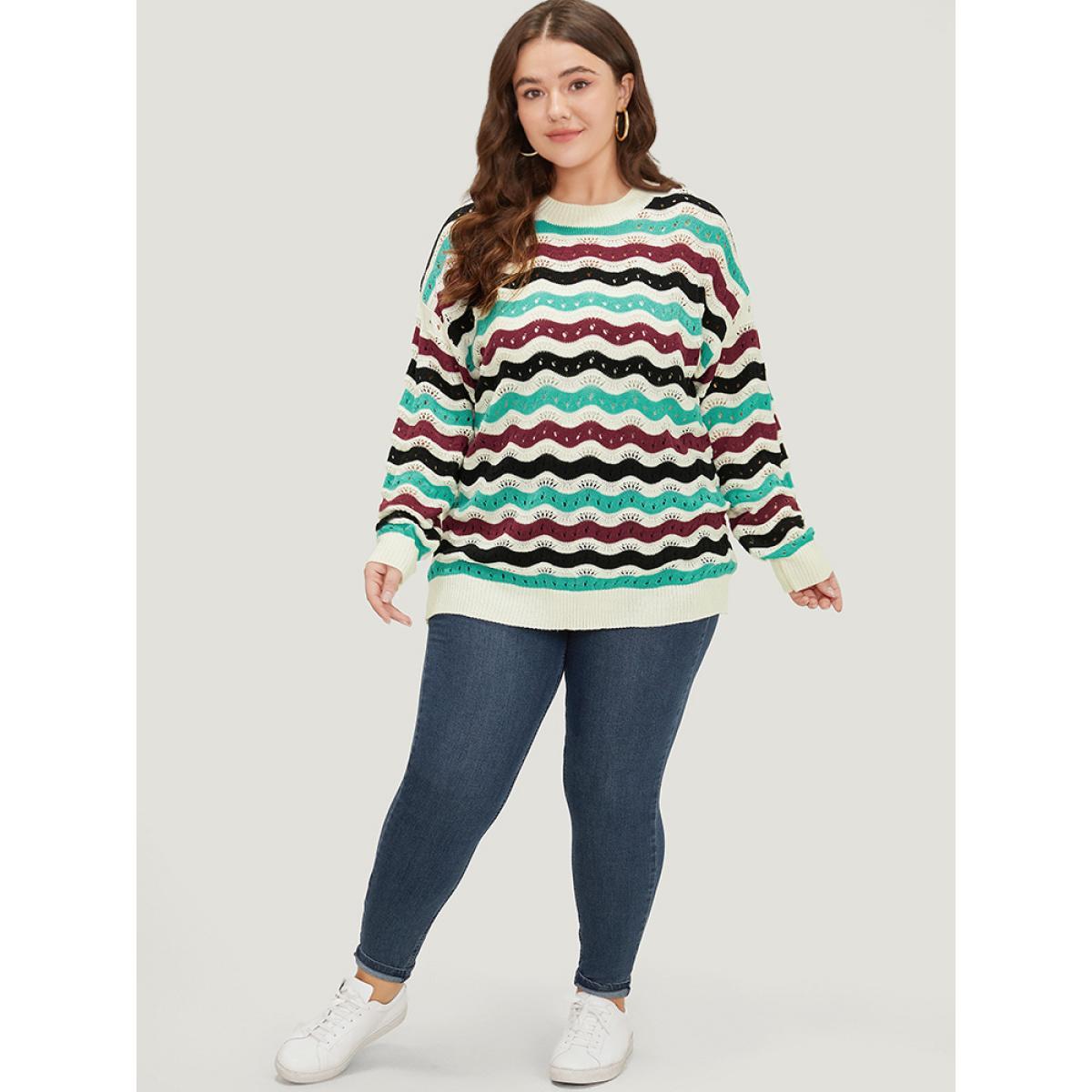 Plus Size Contrast Water Ripple Cut Out Elastic Cuffs Pullover Multicolor Women Casual Loose Long Sleeve Round Neck Dailywear Pullovers BloomChic 30/6X Product Image