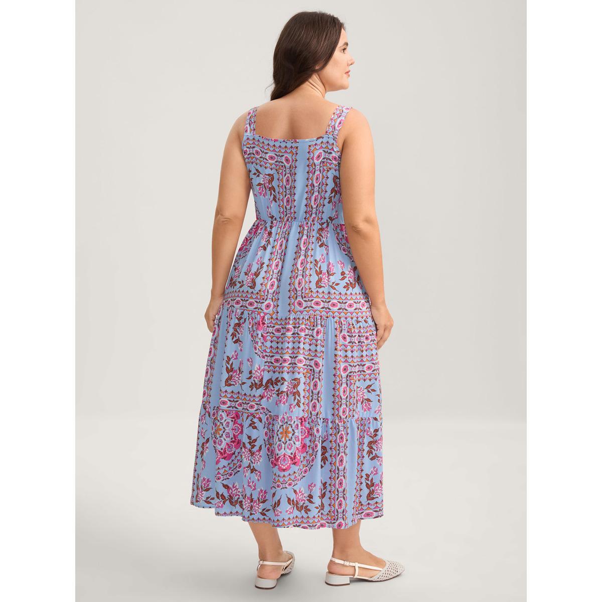 Plus Size Rayon Floral Print Shirred Pockets Midi Dress Stone Women Square Neck Sleeveless Curvy BloomChic 30/6X Product Image