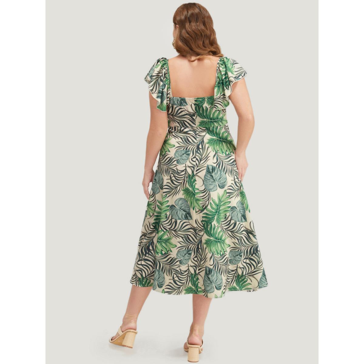 Plus Size Plant Print Cap Sleeve Pocket Ruffle Trim Split Hem Dress Multicolor Women Vacation Slit V-neck Cap Sleeve Curvy Midi Dress BloomChic 10/M Product Image