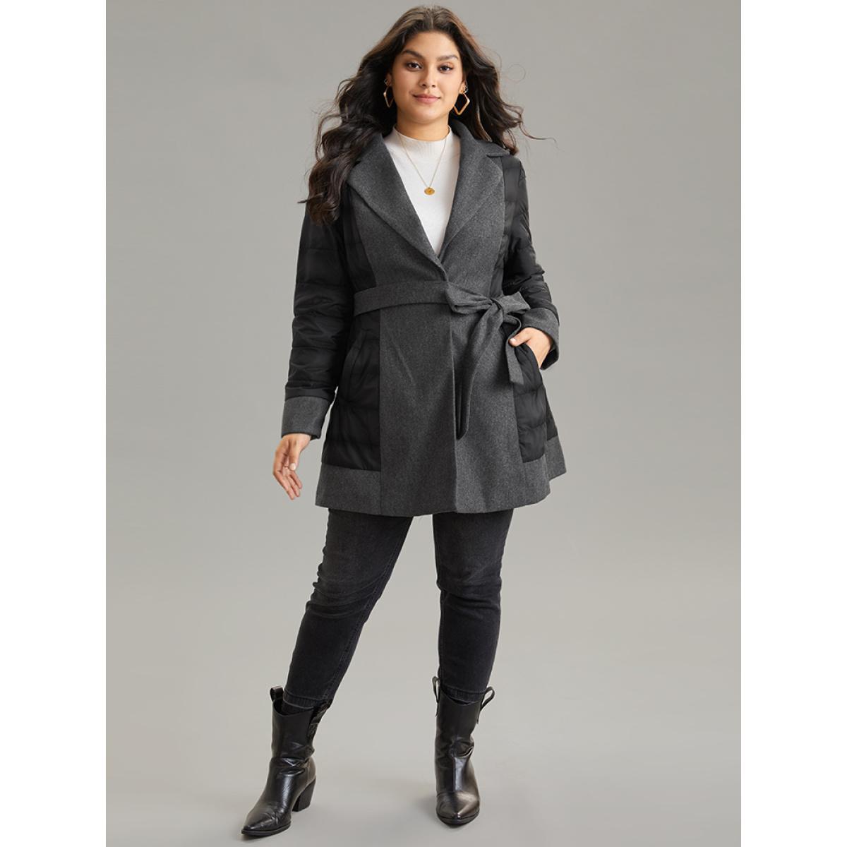 Plus Size Padded Patchwork Tweed Belted Lapel Collar Coat Women DimGray At the Office Lined Ladies Work Winter Coats BloomChic 22-24/3X Product Image