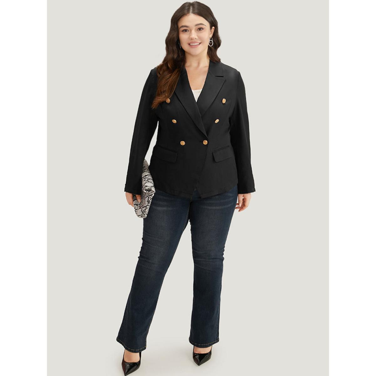 Plus Size Suit Collar Buckle Detail Pocket Blazer Black Women Work Plain Plain Sleeve Long Sleeve Suit Collar 30/6X Pocket Workwear Essentials Blazers BloomChic Product Image