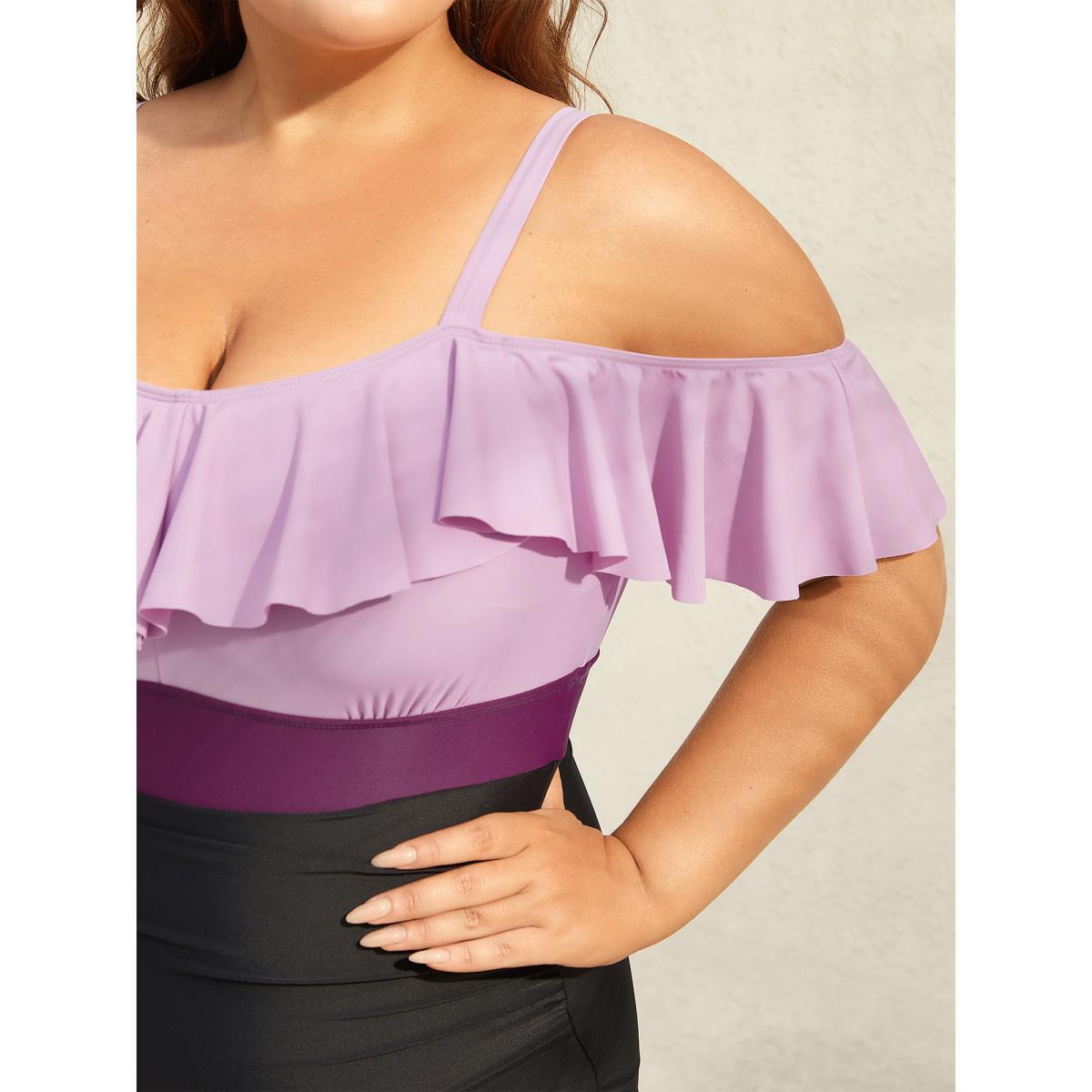 Plus Size Cold-Shoulder Ruffled One-Piece Swimsuit Women's Swimwear Lilac Beach Gathered Curve Bathing Suits High stretch One Pieces BloomChic 10/M Product Image