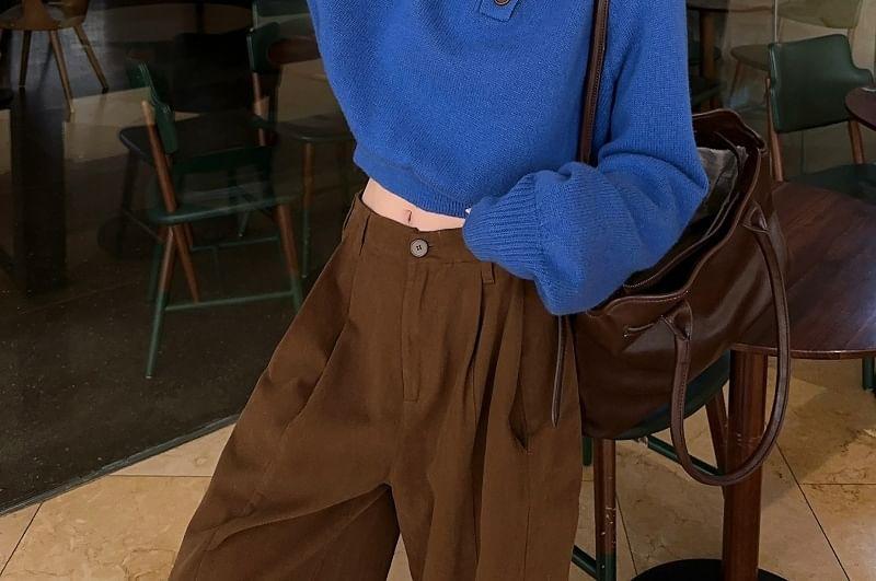 Collared Plain Button Sweater / High Waist Plain Wide Leg Pants Product Image