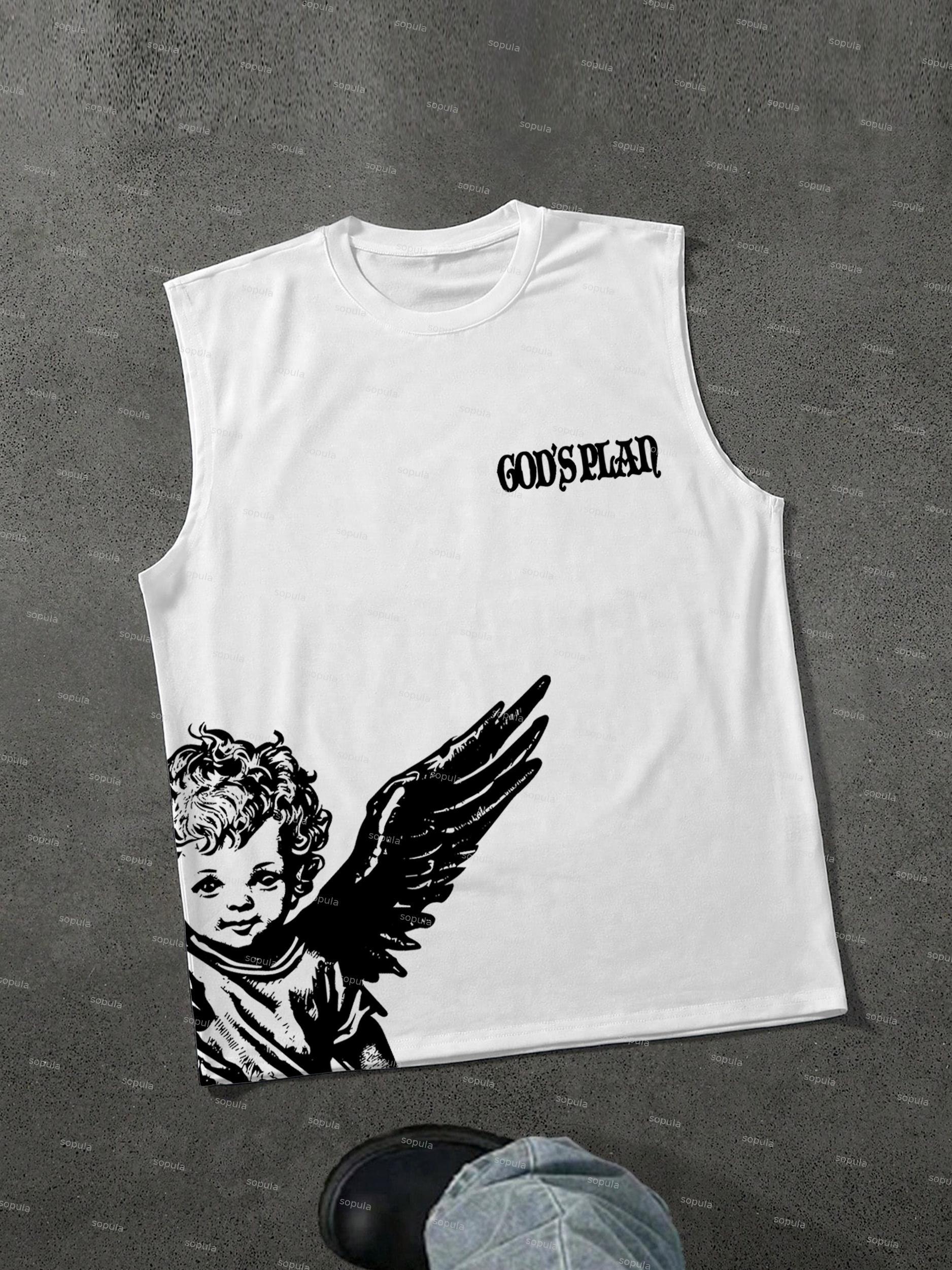 Sopula Casual Angel Graphics God's Plan Print Cotton Sleeveless Tank Top Product Image